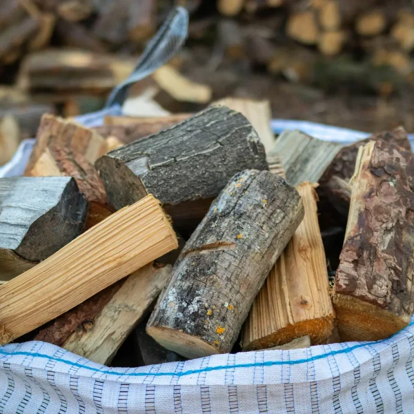 Close-up of a bulk bag of Softwood firewood for sale in Stowmarket